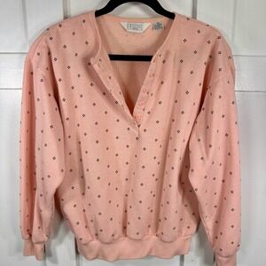 Honors Misses Pink Ditsy Floral Print Long Sleeve Henley Sweatshirt Women's Med